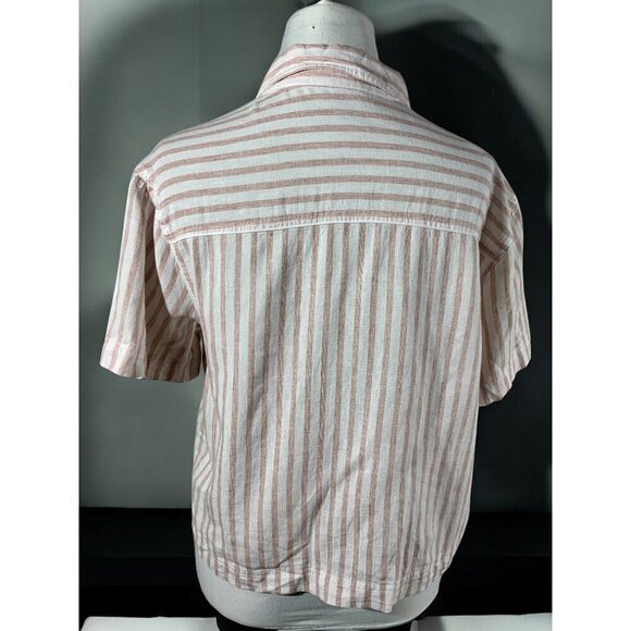 Forever 21 Womens Short Sleeve Peach Cream Striped Button Down Crop Linen Medium - Picture 6 of 9